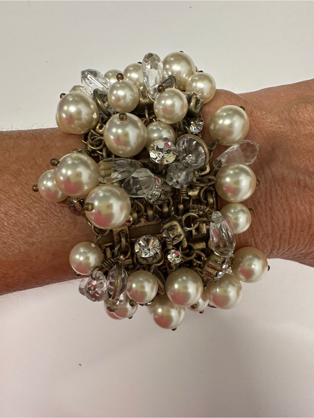 J. Crew Cluster chunky Pearl Clear Crystal Bracelet  with pouch